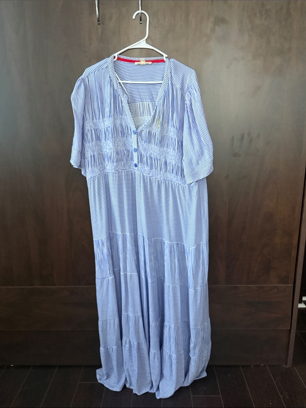 Striped Light Blue Maxi Dress with Button Front